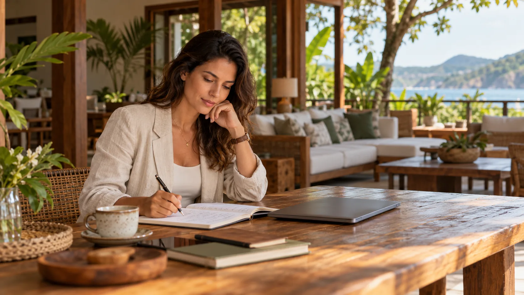 Gestora analisando anotações de planejamento em um lounge de hotel.