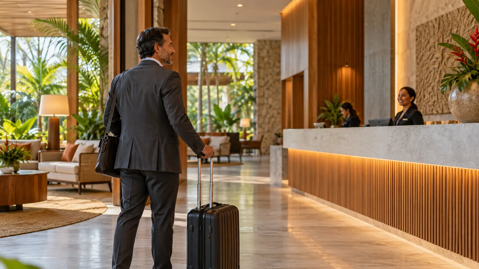 Viajante corporativo com mala em um lobby de hotel iluminado.