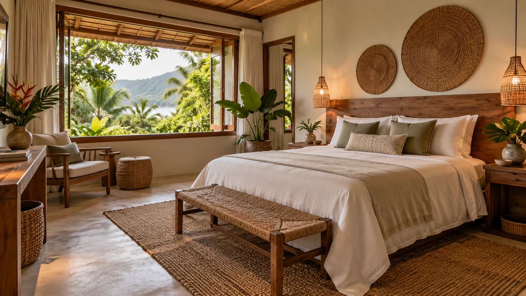 Quarto de pousada acolhedor com luz natural, cama e vista para vegetação.
