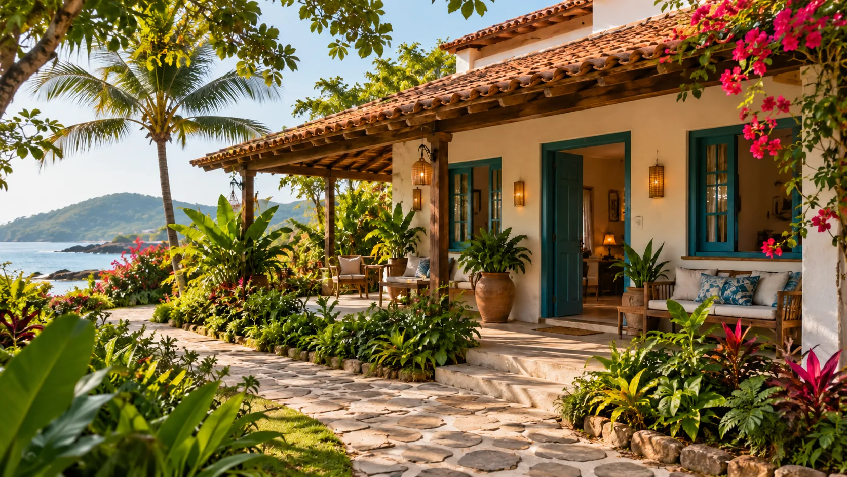 Fachada de pousada brasileira com varanda, jardim tropical e caminho de pedra.