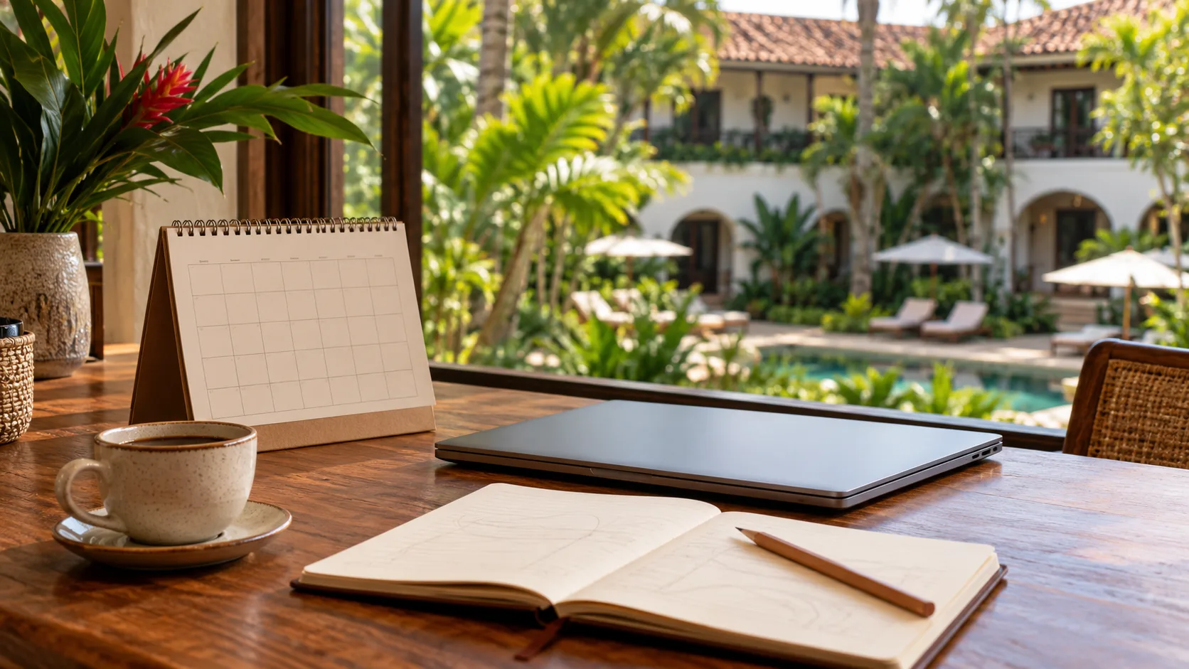 Mesa de planejamento com calendário, caderno e café em ambiente de hotel.