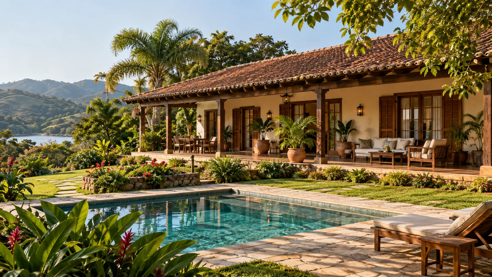 Casa de temporada com varanda, jardim e área externa acolhedora.