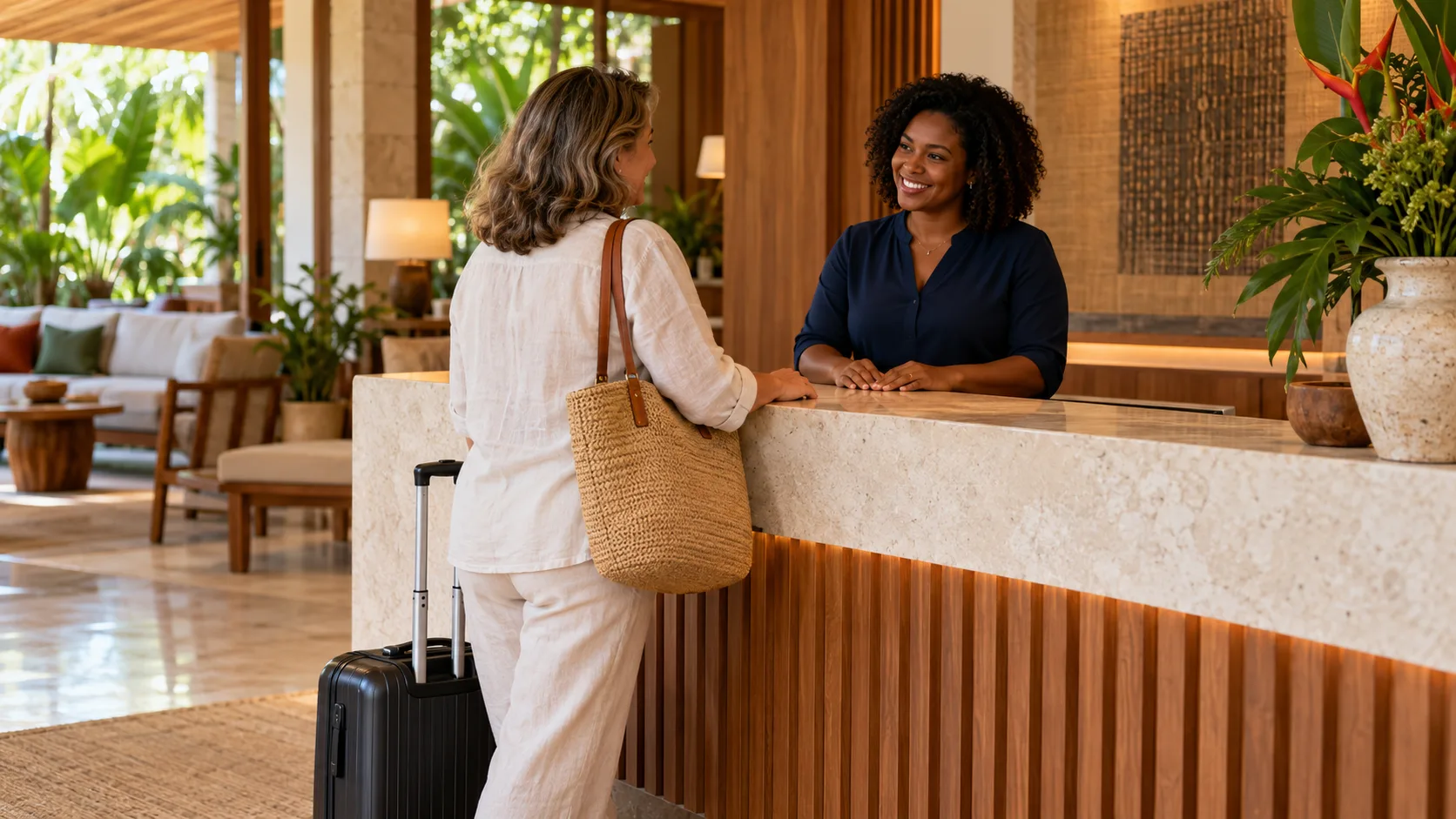 Recepcionista acolhendo uma viajante com mala no balcão de um hotel.