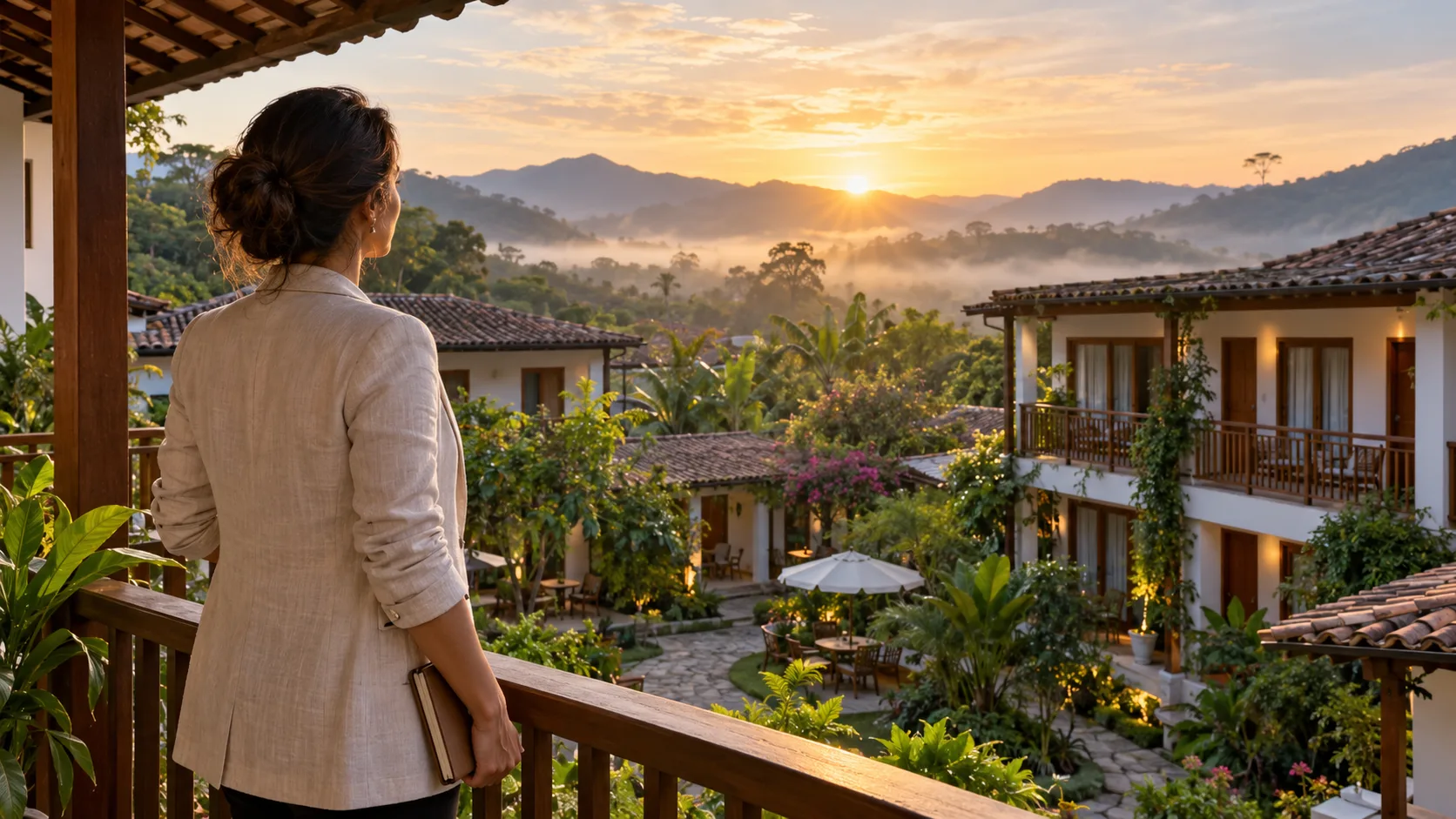 Gestora observando o jardim e os quartos de um hotel ao amanhecer.
